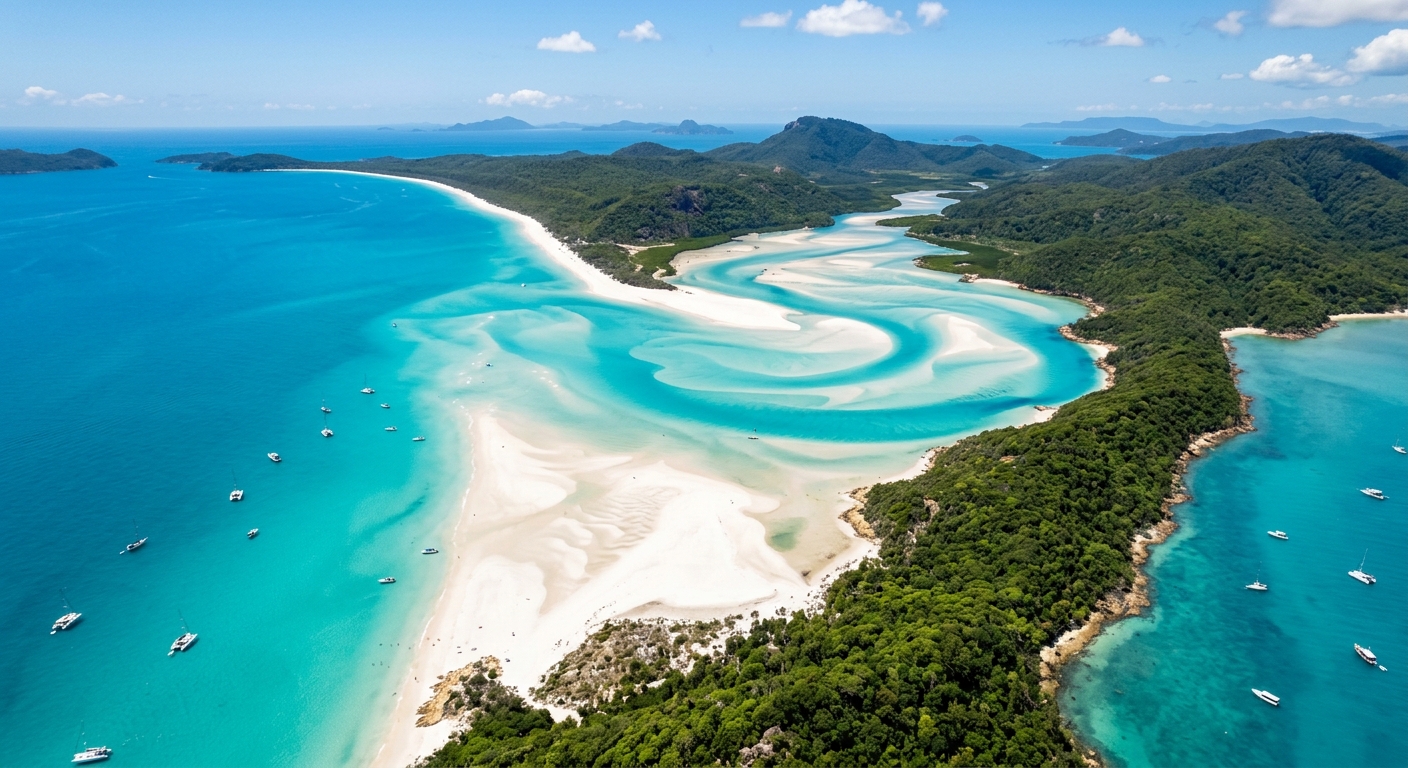 Whitehaven Beach nas Ilhas Whitsunday, Austrália - areia de sílica branca