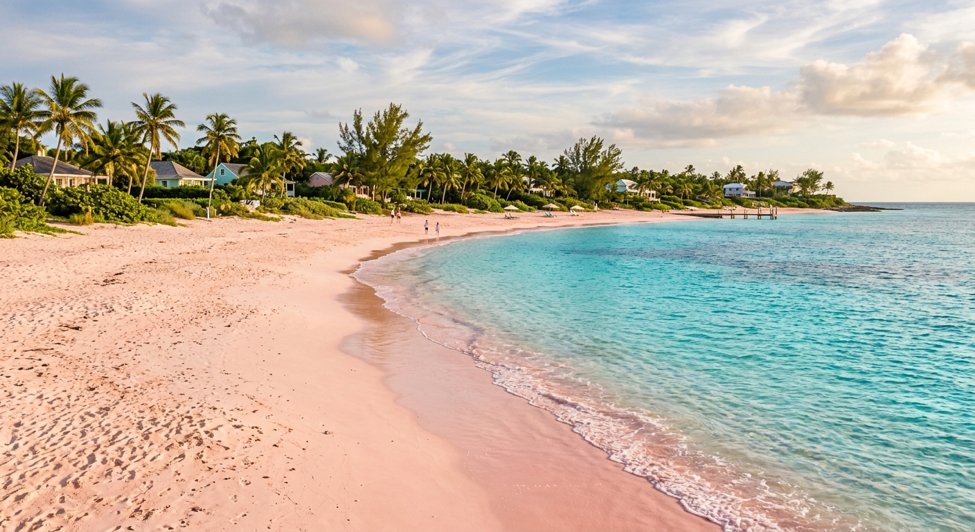 Pink Sands Beach em Harbour Island, Bahamas - areia rosa natural